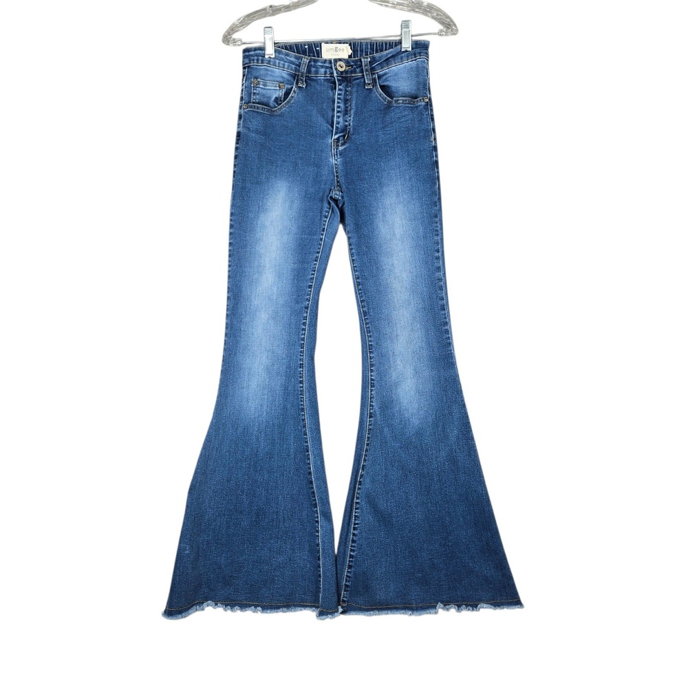 Umgee Bell Bottom Jeans Womens 26 Blue Denim High Rise Frayed Hem Flare Leg